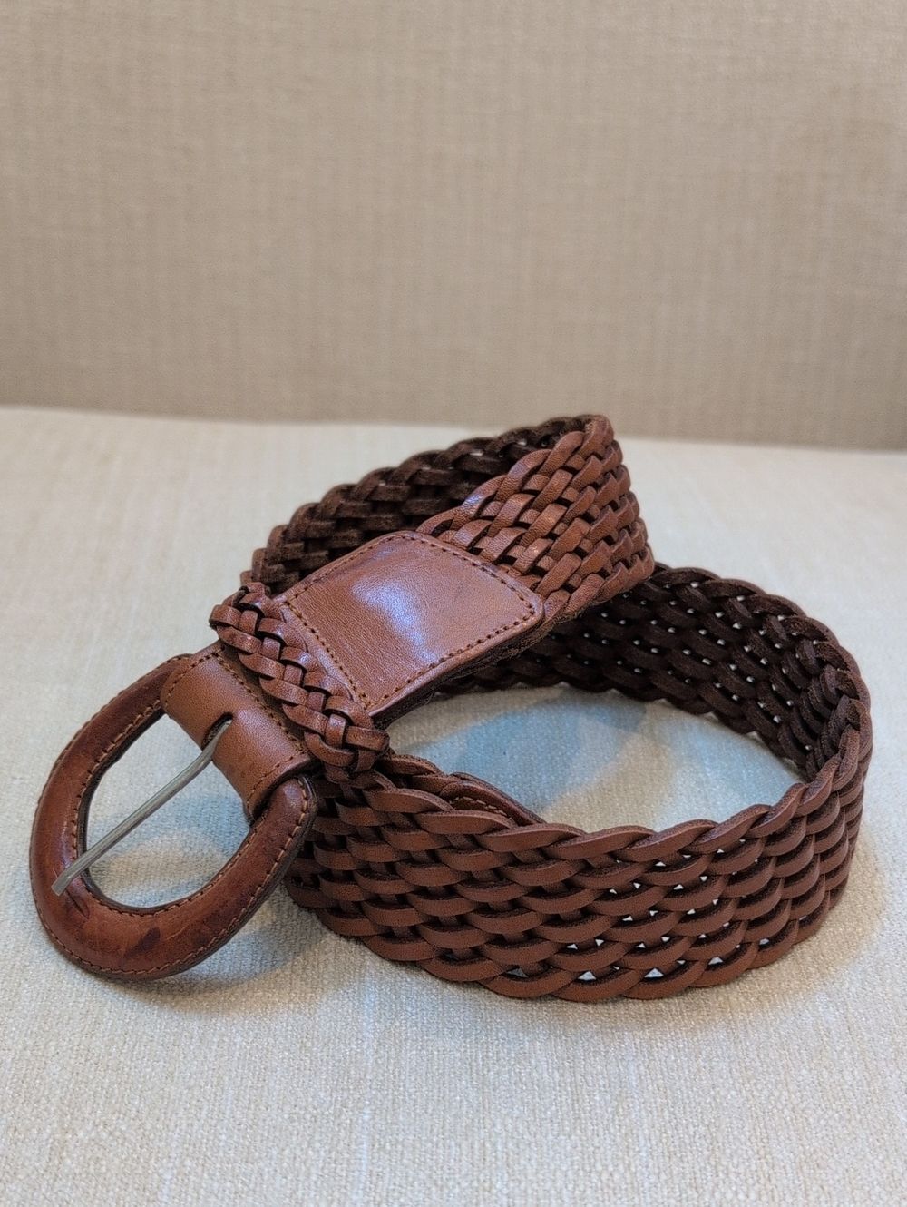 Eddie Bauer Brown Leather Woven Belt Size M Classic Casual Style Made in USA